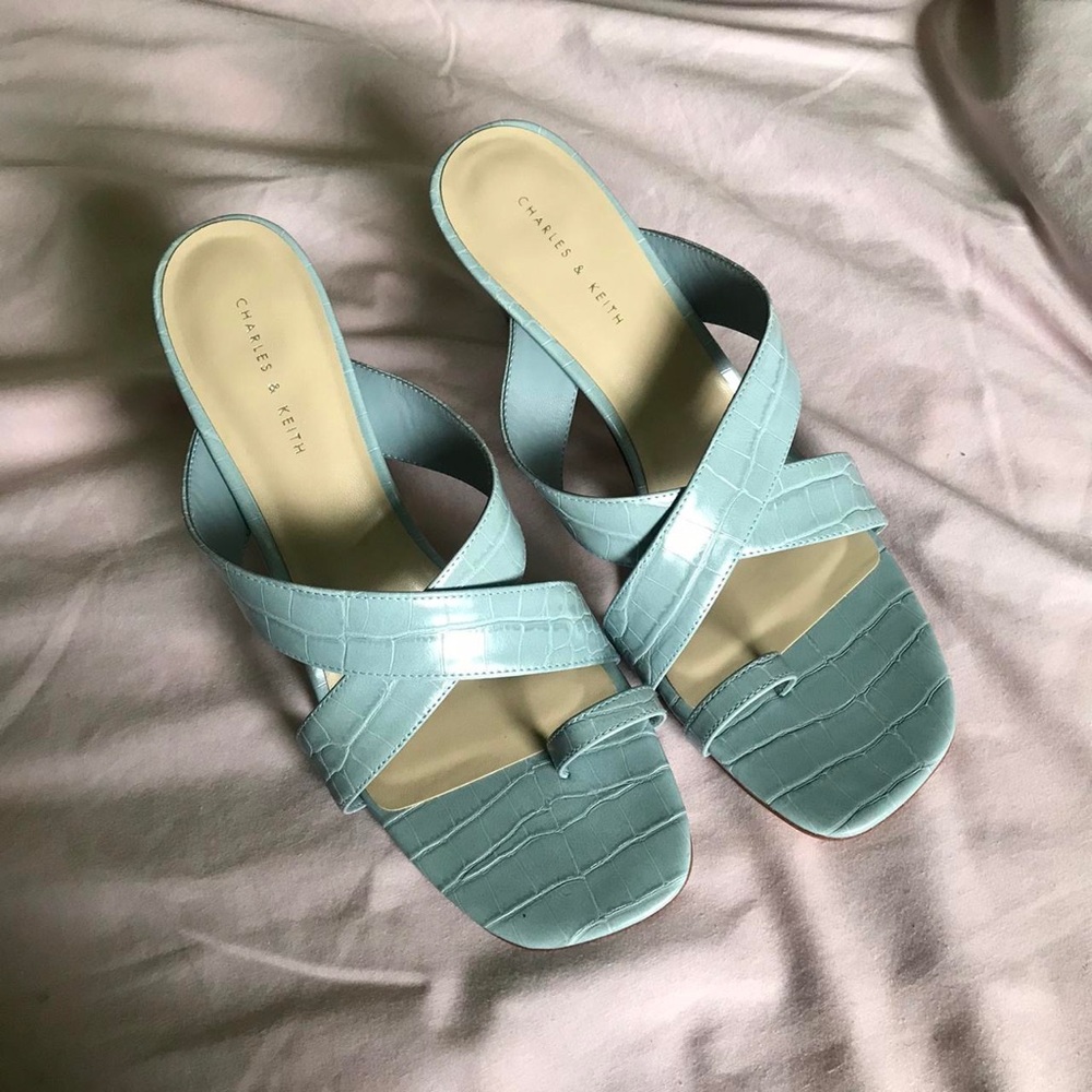 Charles & Keith Chic Croc Effect Baby Blue Square Toe Sandals